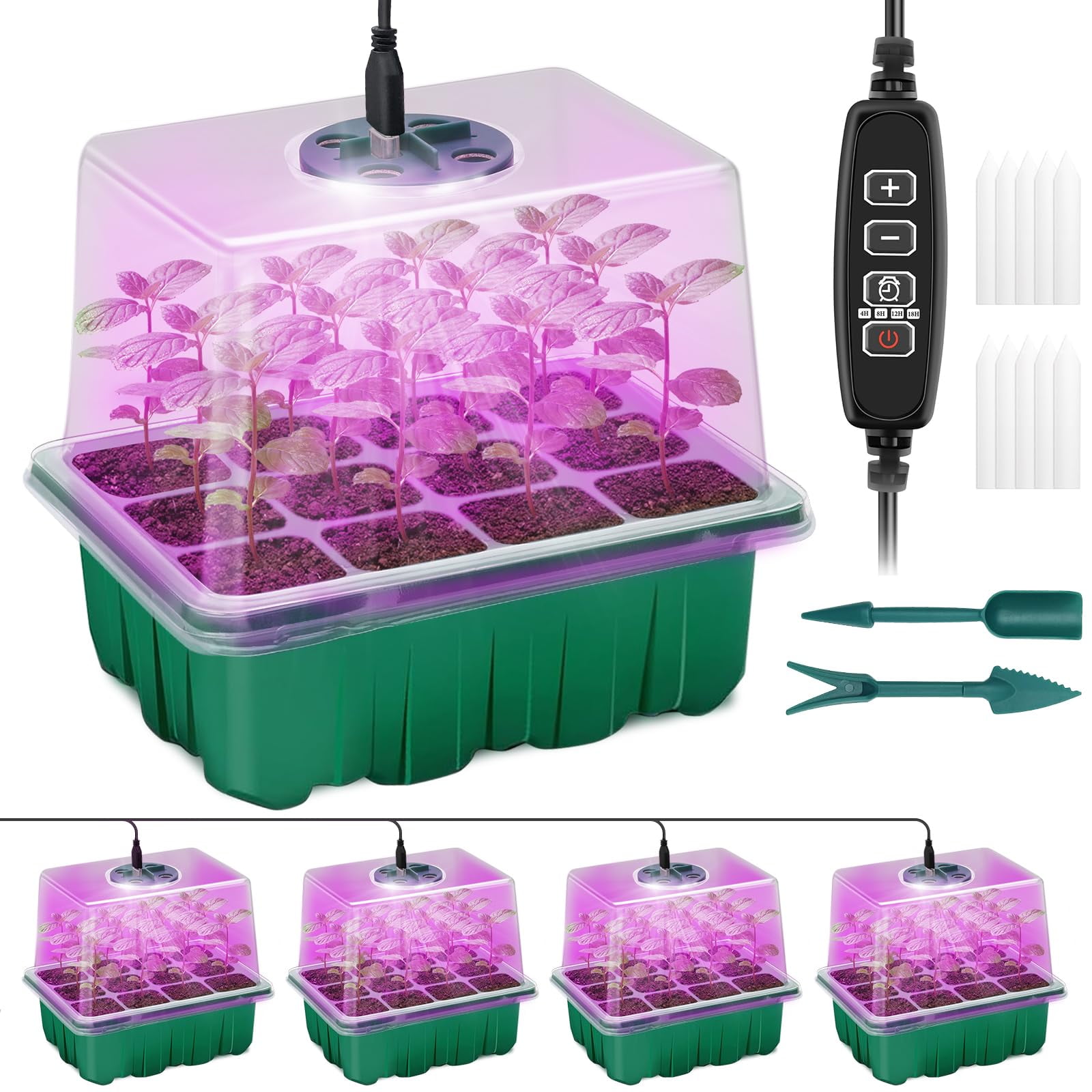 Qoolife Seed Starter Tray with Plant MVR1&nbsp;Light, 4 Lights for Seed Starting Kit with Humidity Domes, Timing Controller Adjustable Brightness for Greenhouse Propagator Station Planting Growing