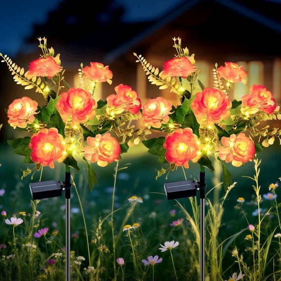 Qoosea Solar Lights Outdoor, 7 Heads Hibiscus Solar Flowers Lights Outdoor Garden Waterproof for Yard Patio Decor, Pathway Lawn Decor, 2 Pack Pink