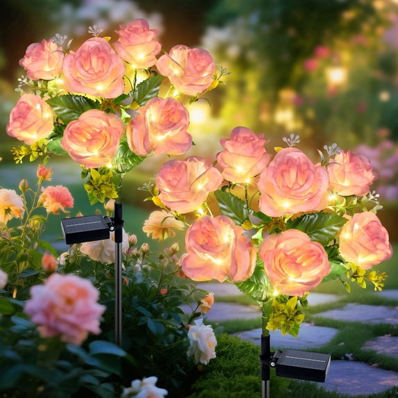Qoosea Solar Garden Lights, Upgraded Solar Flower Lights Outdoor Waterproof, 7 Pink Rose Outside Lights for Yard, Garden, Patio Decoration (2 Packs)