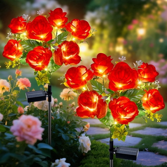 Qoosea Solar Garden Lights, Upgraded Solar Flower Lights Outdoor Waterproof, 7 Red Rose Outside Lights for Yard, Garden, Patio Decoration (2 Packs)