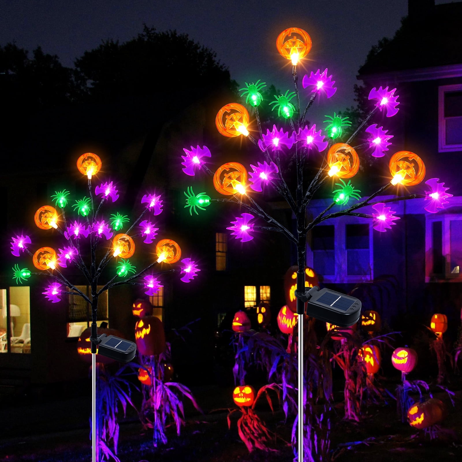 Qoosea 2 packs 40 LED Solar Halloween Lights, 2 Modes Halloween Bats Spiders Pumpkin Lights for Outdoor Decorations, Waterproof Stakes for Garden Yard Pathway W