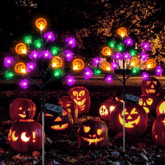 Qoosea Halloween Decorations 2 packs 40 LED Solar Halloween Lights, Bats Spiders Pumpkin Lights for Outdoor Decorations, Waterproof Stakes for Garden Yard Pathway Walkway