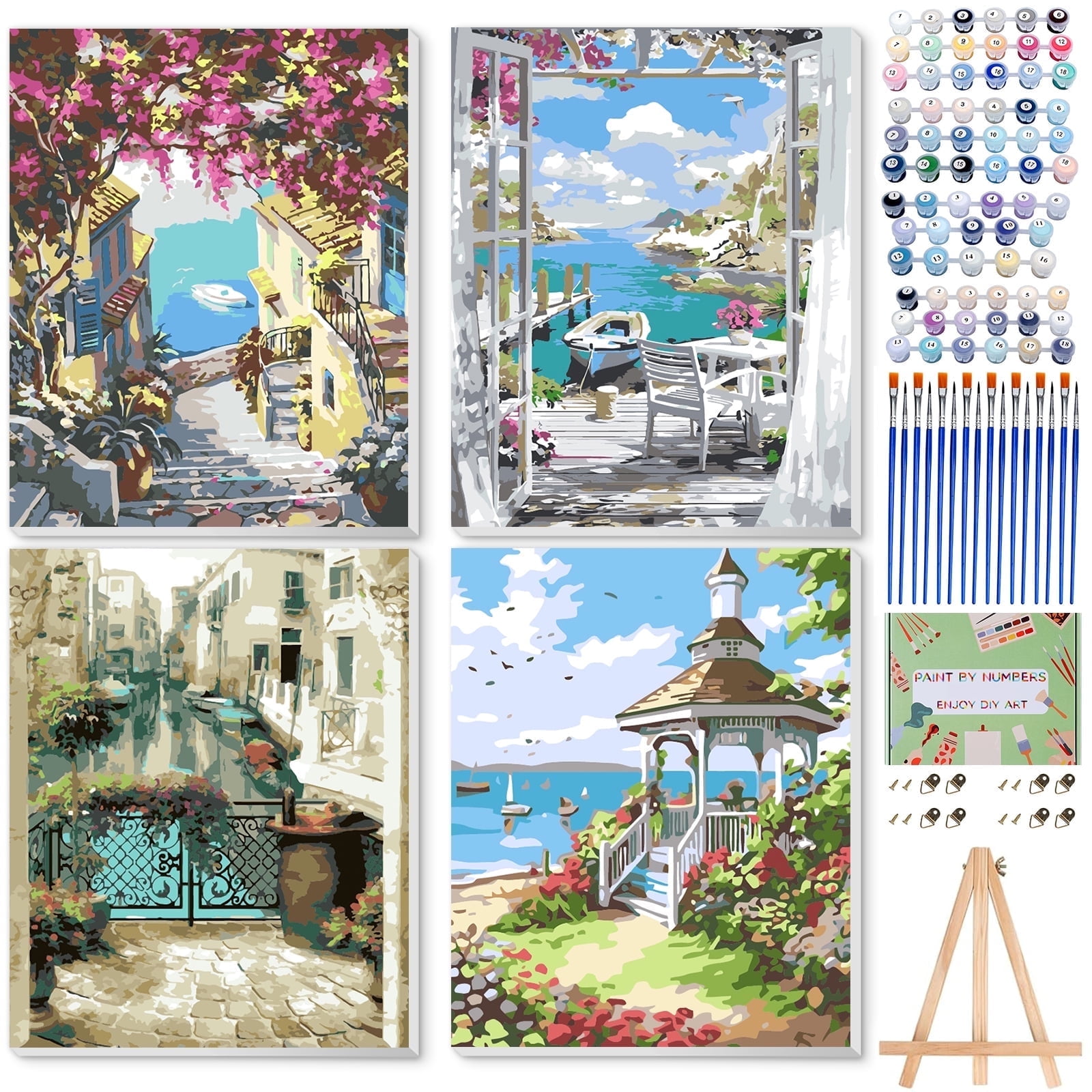 Qoosea 4 pack Framed Paint by Numbers Kit for Adults with Wooden Easel, Paint by Number Kits with Frame, Paint Set, Home Decor Wall Decor 9*12 inch