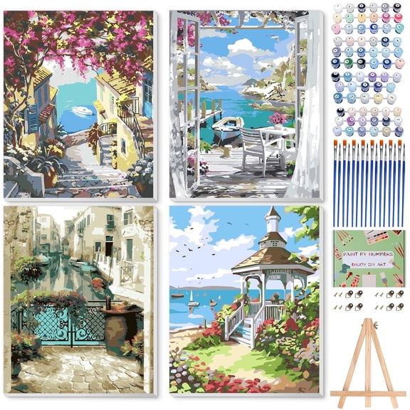 Qoosea 4 pack Framed Paint by Numbers Kit for Adults with Wooden Easel, Paint by Number Kits with Frame, Paint Set, Home Decor Wall Decor 9*12 inch