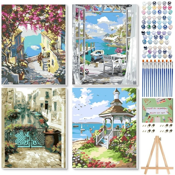 Qoosea 4 pack Framed Paint by Numbers Kit for Adults with Wooden Easel, Paint by Number Kits with Frame, Paint Set, Home Decor Wall Decor 9*12 inch