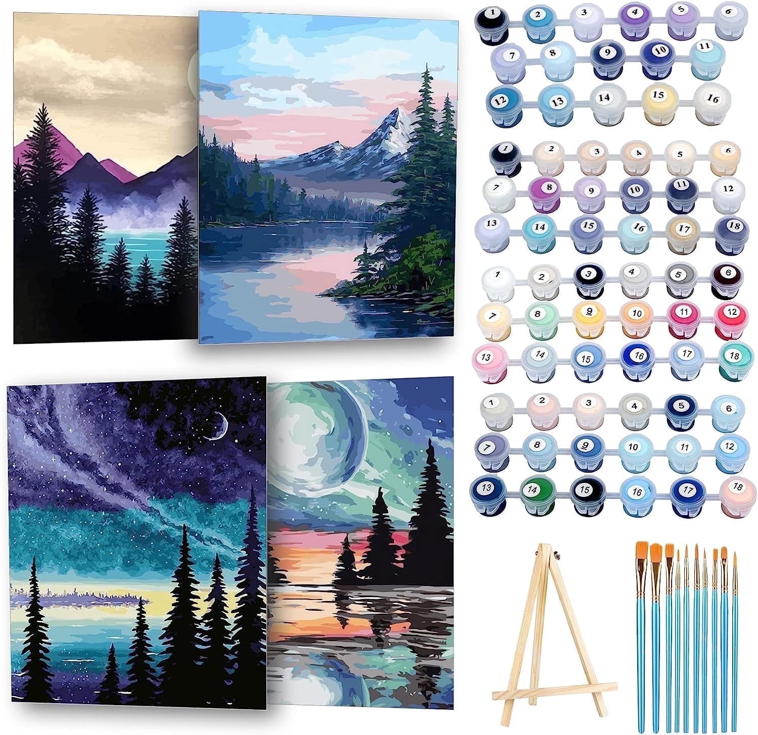 Qoosea 4 Pack Paint by Numbers Kits for Adults and Kids, Beginner DIY Arts & Crafts Set with Wooden Easel, Acrylic Paints, Brushes, 9 x 12 Inch Canvas