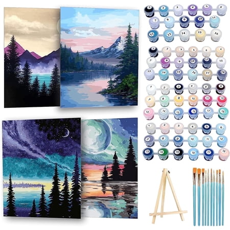 Qoosea 4 Pack Paint by Numbers Kits for Adults and Kids, Beginner DIY Arts & Crafts Set with Wooden Easel, Acrylic Paints, Brushes, 9 x 12 Inch Canvas