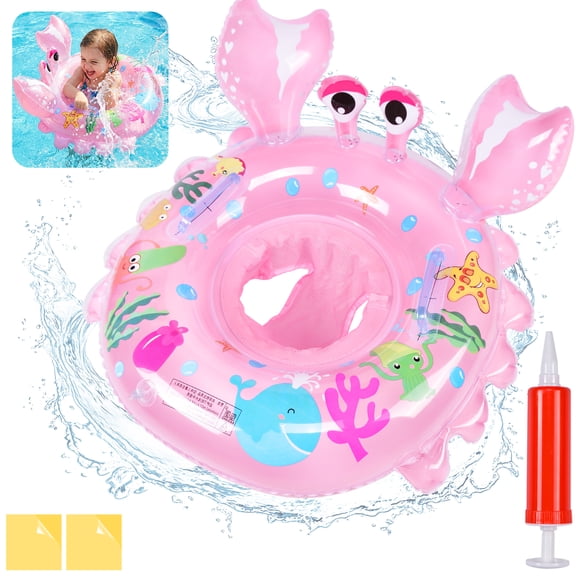 Qoosea Baby Inflatable Pool Float Kids Cute Crab Pool Toys Toddler Swim Ring with Repair Patches & Pump, Ages 0-3, Pink