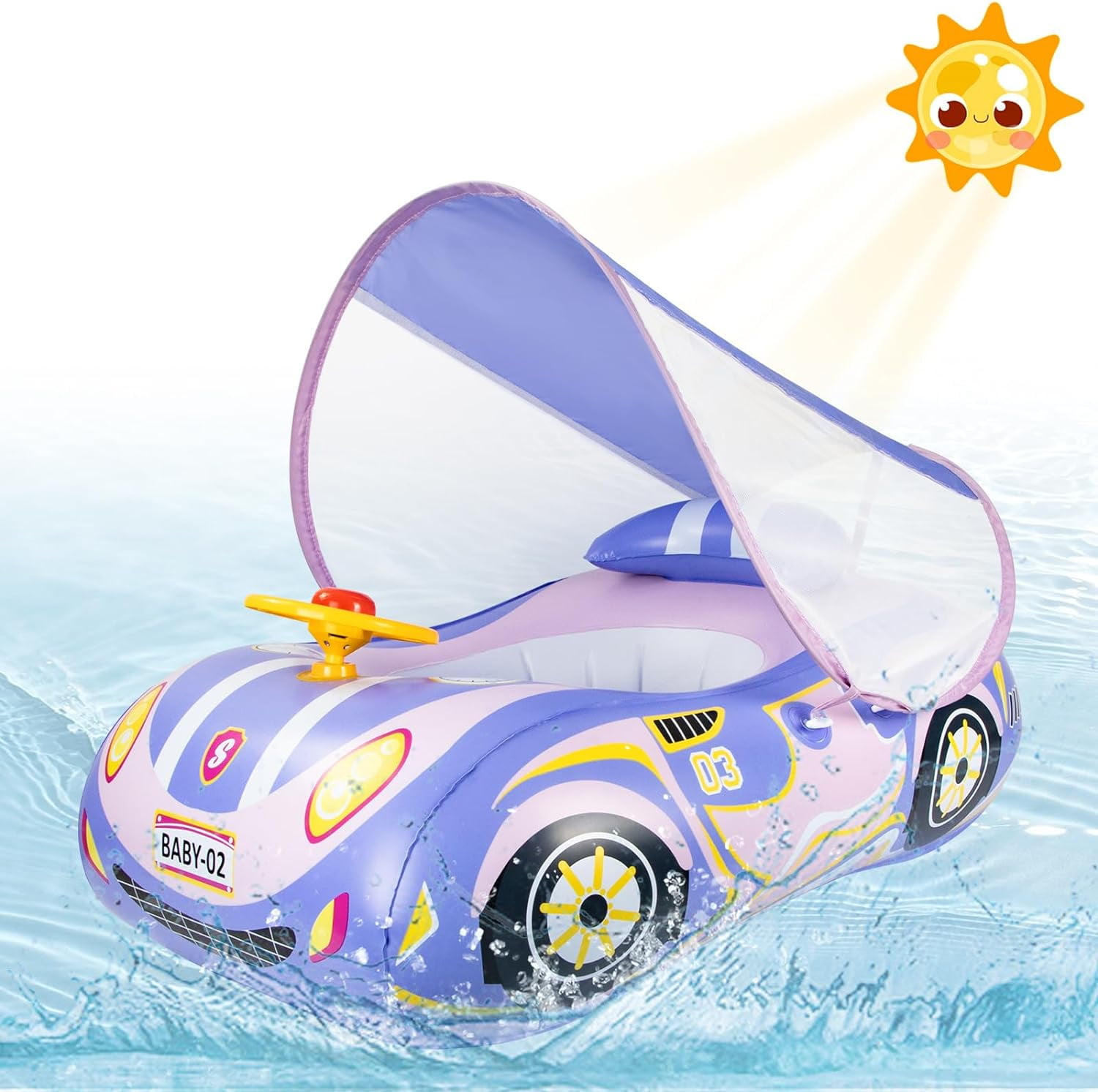 Qoosea Inflatable Baby Pool Float with UPF50+ Sun Canopy, Car Shape ...