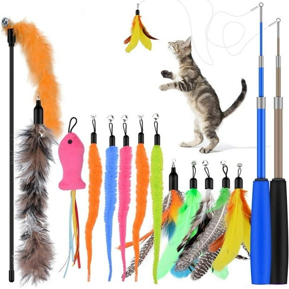 Qoosea Cat Feather Toys, 13PCS Replacement Teaser with Bell Refills and 2PCS Retractable Cat Wand Toy , Interactive Cat Wand for Kitten Cat Having Fun Playing