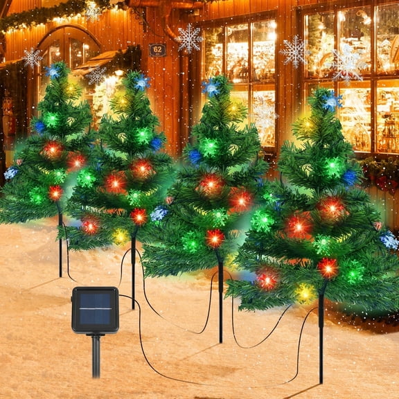 Qoosea Christmas Decorations Outdoor, 4 pack Solar Christmas Tree with 80pcs Multi-Color C6 Snowflake Led Lights, 8 Lighting Modes Waterproof Pathway Lights for Outside Garden Yard Patio