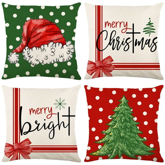 Qoosea Christmas Pillow Covers 18x18 Set of 4 Cute Xmas Tree Santa Graphic Throw Pillow Cases Linen Cushion Cover Christmas Decorations for Home Bed Couch