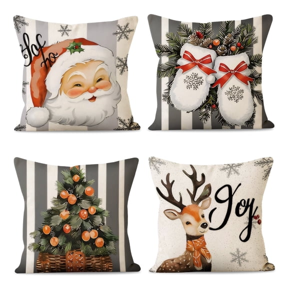Qoosea Christmas Pillow Covers 18x18 inch Set of 4 Santa Claus Reindeer Decorative vintage Throw Pillow Covers Winter retro Farmhouse Decoration for Home couch