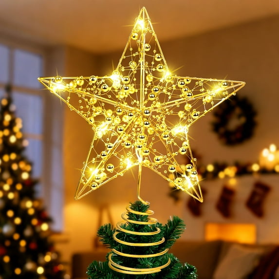 Qoosea Christmas Tree Topper Star, 10" Gold Glitter Sparkle , Golden Bead Metal Hollow 20 LED String Lights for Christmas Tree Star Topper Decor