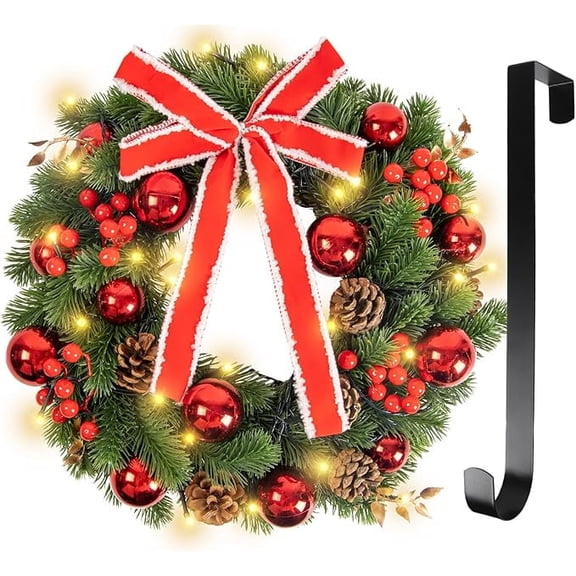 Qoosea Christmas Wreath Artificial Pre-Decorated Holiday Accent ,16 Inch Christmas Wreath with 30 LED Lights, 8 Modes Pre-lit Christmas Wreath with Pine Cones, Red Berries, Met
