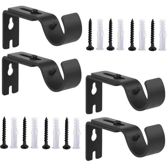 Qoosea Curtain Rod Brackets Ajustable, 4 Pack Curtain Rod Holders, Curtain Rod Hooks for Walls, Drapery Rod Holders Hardware Window Curtain Rod Support Hanger for 1 Inch Rod (Black)