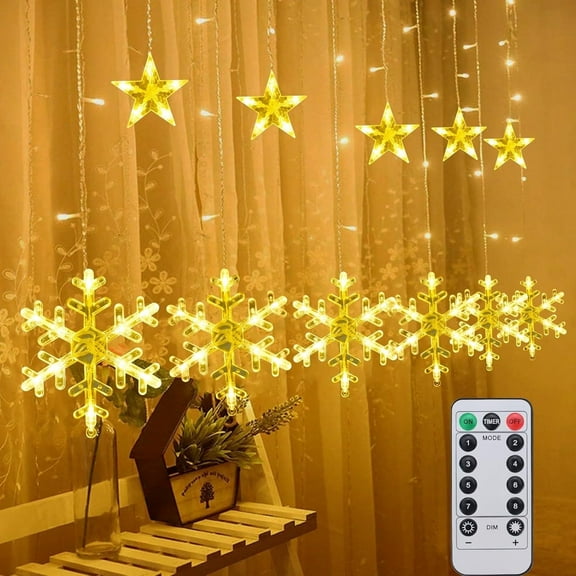 Qoosea Curtain String Lights, 126 LED Snowflake Star Waterproof Curtain Fairy Lights, Battery Operated Christmas Decorations for Window Wall Bedroom
