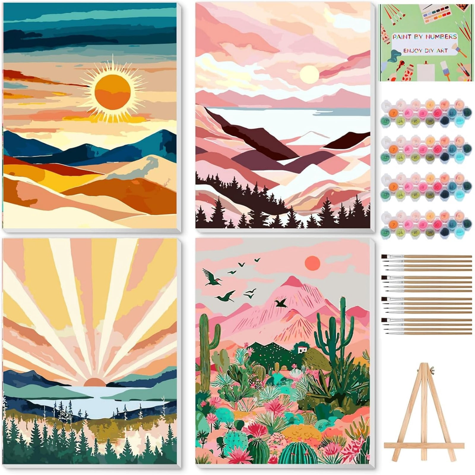 Qoosea 4 Pack Paint by Numbers Sets for Adults, Beginners DIY Crafts with Wooden Easel, Paint Brushes, Acrylic Paint Set for Home Wall Decor