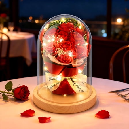 Qoosea Valentines Day Decorations, Eternal Red Rose Bouquet in Glass Dome, 9 Pcs Artificial Flower with Fairy Lights Wood Base for Home Decor, Gifts for Women, Birthday Gifts