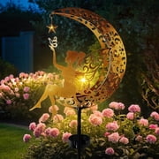 Qoosea Fairy Garden Solar Lights, Fairy Moon Figurine Light Stake, Yard Decorations Outdoor Garden Decor statues, Vintage Gold Lighting