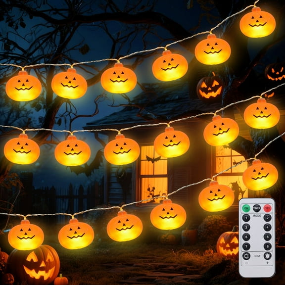 Qoosea Halloween String Lights 14.8ft 30 LED Pumpkin Latern Outdoor Indoor Decoration Orange Holiday Bulbs 8 Modes Battery Operated