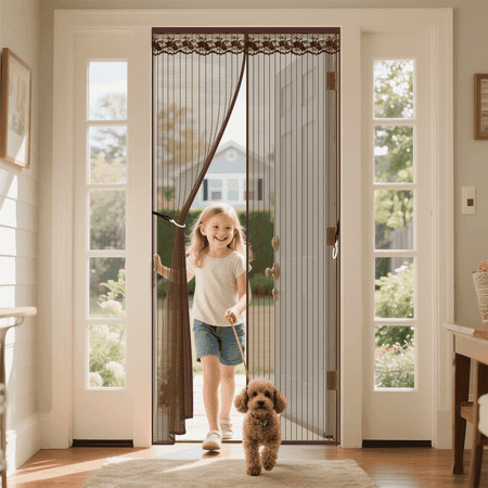 Qoosea Magnetic Screen Door with Heavy Duty Magnets, Self Sealing Mesh Screen Curtain with Hooks, Full Frame Hands Free Magnetic Door Screen Closure Fit Door Size 39 x 83 Incn(Brown)