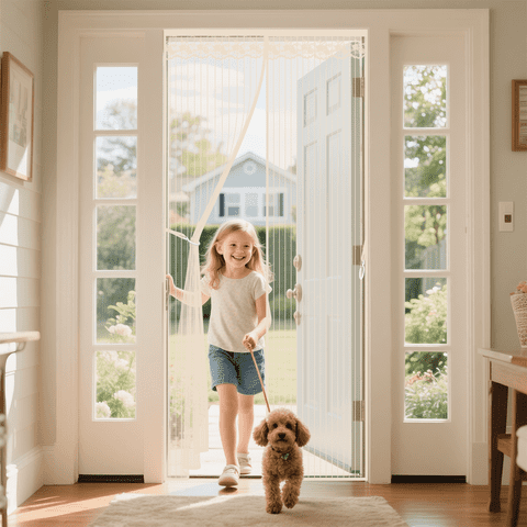 Qoosea Magnetic Screen Door with Heavy Duty Magnets, Self Sealing Mesh Screen Curtain with Hooks, Full Frame Hands Free Magnetic Door Screen Closure Fit Door Size 39 x 83 Incn(Beige)