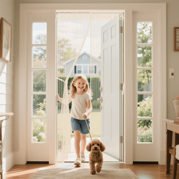 Qoosea Magnetic Screen Door with Heavy Duty Magnets, Self Sealing Mesh Screen Curtain with Hooks, Full Frame Hands Free Magnetic Door Screen Closure Fit Door Size 39 x 83 Incn(Beige)