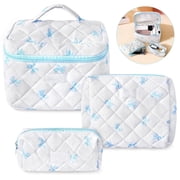 Qoosea Makeup Bag, Large Quilted Makeup Bag Set, Cosmetic Bag for Women Girls, Cute Cotton Bow Pattern Travel Toiletry Organizer Bag 3 Set