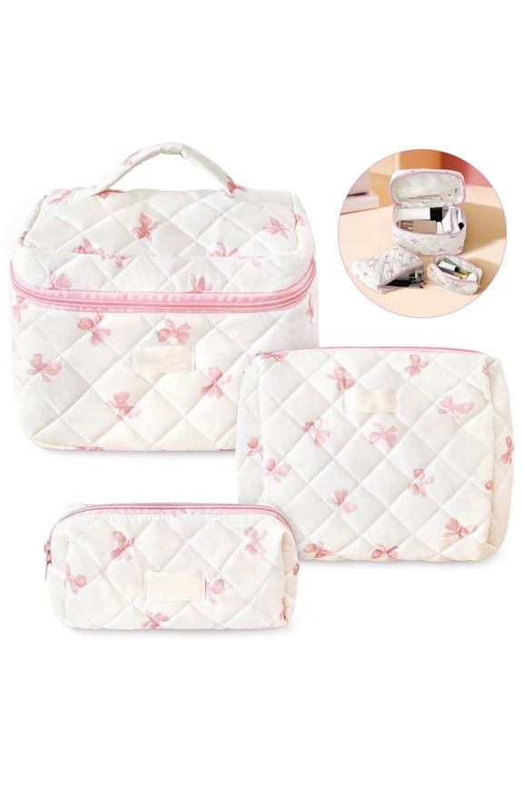 Makeup Bag, Large Quilted Makeup Bag Set, Cosmetic Bag for Women Girls, Cute Cotton Bow Pattern Travel Toiletry Organizer Bag 3 Set
