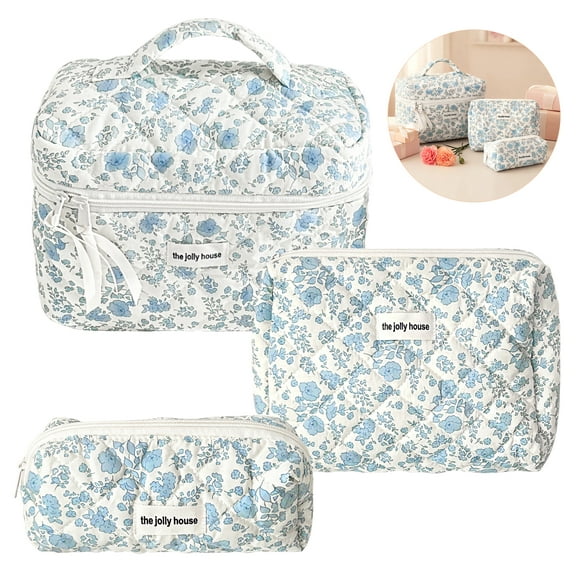 Qoosea Makeup Bag, Quilted Makeup Bag Set, Cosmetic Bag Gifts for Women Girls, Cute Cotton Bow Pattern Travel Toiletry Organizer Bag 3 Set