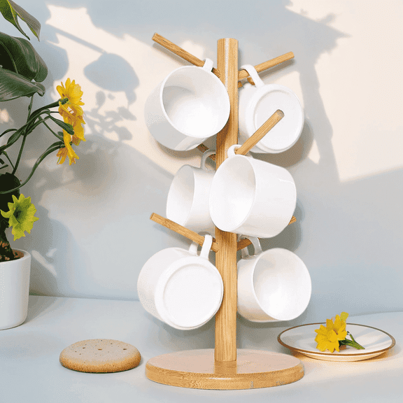 Qoosea Mug Holder,Mug Rack Coffee Cup Holder Tree 6 Hooks,Coffee Bar Accessories Mug Organizer Tree Wood Coffee Mug Holder for Counter (Wood color)
