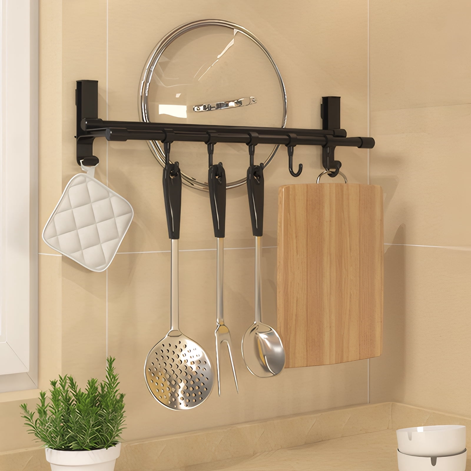 Qoosea Utensil Hangers for Kitchen, Cooking Utensil Holder Wall Mounted, Multifunction No Drill Kitchen Utensil Rack Wall Mount Holder Storage Rack 