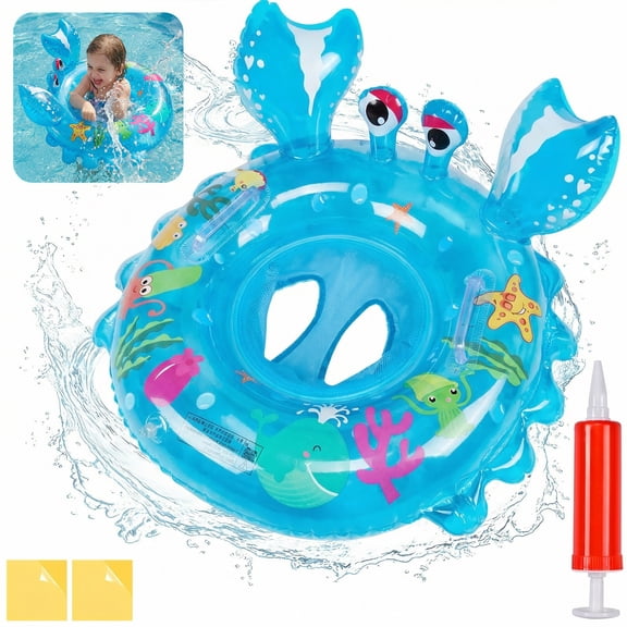 Qoosea Pool Float for Kids Inflatable Cute Crab Pool Toys Toddler Swim Ring with Repair Subsidy Pump, Ages 0-3, Blue