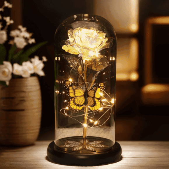 Qoosea Glass Rose Artificial Flowers with LED Lights Eternal Rose with Butterfly in Glass Dome Valentine's Day Birthday Mother's Day Christmas Gifts