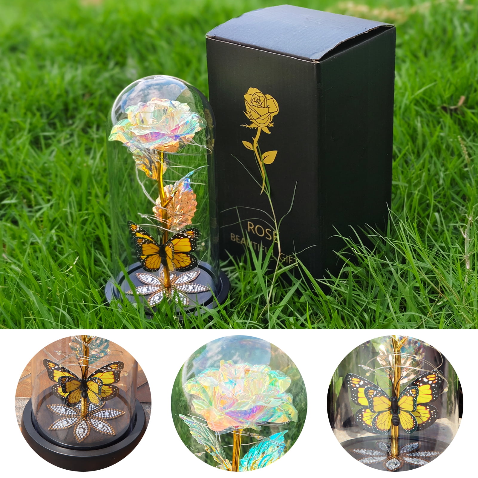 Qoosea Glass Rose Artificial Flowers with LED Lights Eternal Rose with Butterfly in Glass Dome Gifts for Valentine's Day Birthday Mother's Day Christmas