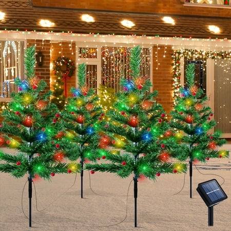 Qoosea Solar Christmas Tree Garden Stake Lights, 4 pack Waterproof Christmas Decorations Tree Lights Outdoor Xmas Tree Light Christmas Décor Pathway Lights Patio Yard