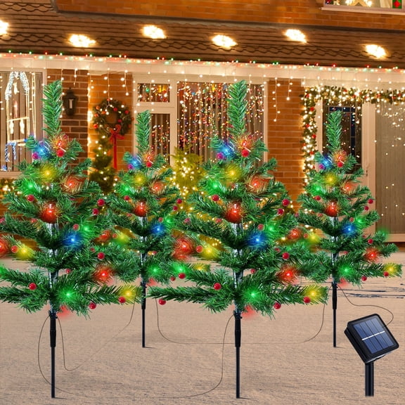 Qoosea Solar Christmas Tree Garden Stake Lights, 4 pack Waterproof Christmas Decorations Tree Lights Outdoor Xmas Tree Light Christmas Décor Pathway Lights Patio Yard