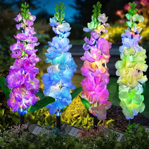 Qoosea Solar Delphinium Flowers Lights Outdoor, 4 pack 80 Leds Waterproof Solar Garden Lights Yard Decorations Outdoor Garden Lights Outside Gift for Women