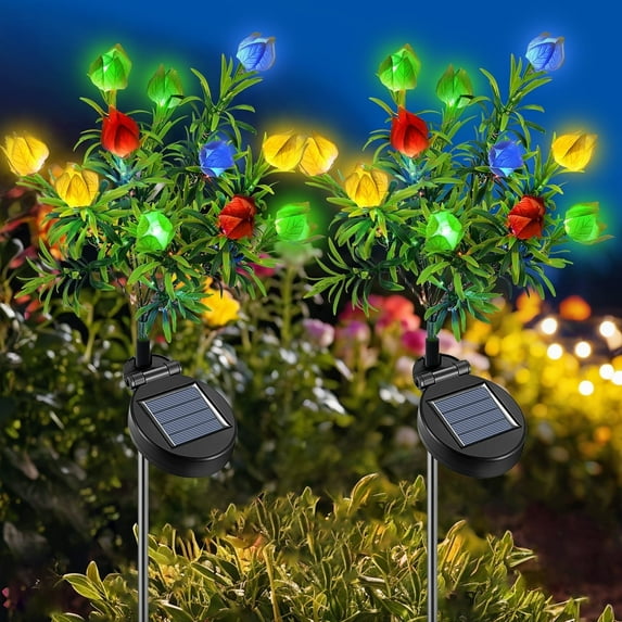 Qoosea Solar Flower Lights Outdoor 2 pack Gardenia Lights, 11 Head Led Solar Stake Light, Waterproof Pathway Light for Garden, Patio, Yard Decoration
