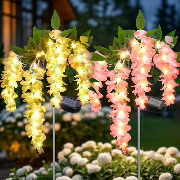 Qoosea Solar Flowers Lights Outdoor Decorations, Garden Light Waterproof for Outside Yard Decor Led Plant Lamp Patio Lawn Grave Backyard Pathway Decorative 2 pack Pink Yellow