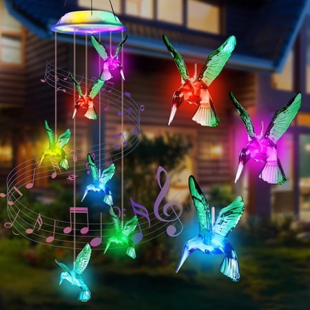 Qoosea Solar Hummingbird Wind Chimes, Color Changing Solar Garden Lights Outdoor Waterproof LED Hanging Light Wind Chime Lights Gifts for Mom Women Garden Decoration