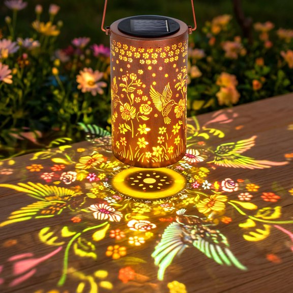 Qoosea Solar Lantern Outdoor Waterproof Garden Decor, Hummingbird Flower Painted Iron Solar Lantern with Warm Light Projection, Garden, Yard, Patio, Lawn, Balcony Porch Decorations