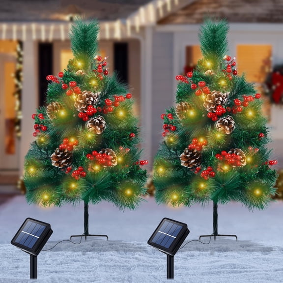 Qoosea Solar Outdoor Christmas Tree 2 pack Outdoor Christmas Decorations, 27.5 inch Solar Waterproof Xmas Tree Path Flickering Lights Garden Yard Solar Lawn Stakes