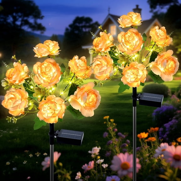 Qoosea Solar Lights Outdoor Waterproof: 7 Head Peony Solar Flower Lights Outdoor Garden Decor for Yard Patio Decorations, 2 Pack Champagne Warm Light