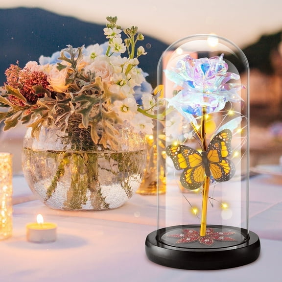 Qoosea Artificial Flowers for Outdoors Indoors, Birthday Gifts for Women, Colorful Eternal Flowers Eternal Rose Butterfly with Led Lights Home Decor Graduation Decorations