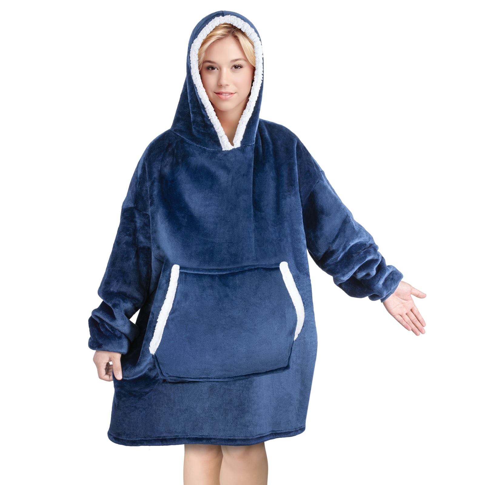Qoosea Wearable Blanket Hoodie Oversized Fleece Sherpa Sweatshirt with Giant Pocket Winter Hooded Blanket for Women Men Christmas Gifts Navy Blue