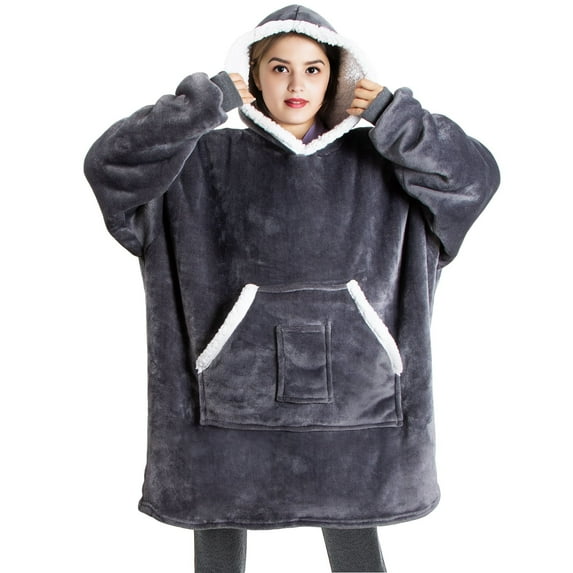 Qoosea Wearable Blanket Hoodie Oversized Sherpa Wearable Blanket Warm Fuzzy Sweatshirt with Gaint Pocket Giant Blanket for Adult Men Women Teens Girls Boys Grey