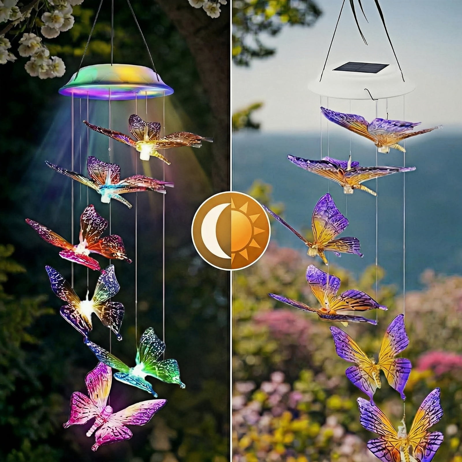Qoosea Wind Chimes for Outside Butterflies Solar Wind Chime Yard Decorations Outdoords Powered LED Waterproof Color Changing Hanging Lamp Butterfly Windchimes Moon Gifts for Women