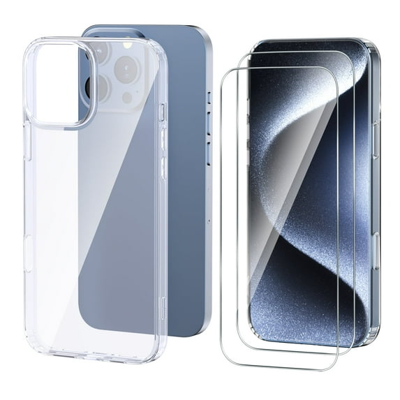 Qoosea for iPhone 16 Pro Max Case Set with 2 Tempered-Glass Screen Protector Yellowing and Scratch Resistant Phone Case, Classic Series, Clear